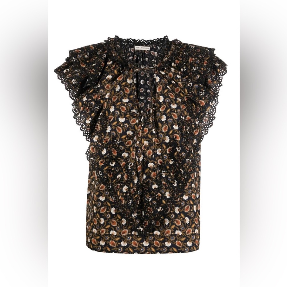 Ulla Johnson Black and Orange Ruffled Bib Collar Blouse